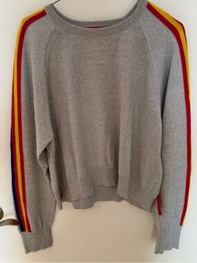 Maeve Anthropologie grey Crewnck Sweater w/ hot pink, yllw, orange, & blu Stripe